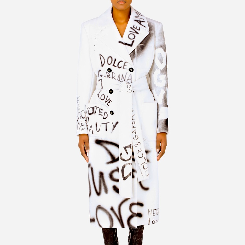 Dolce & Gabbana Graffiti Wool Long Coat With Belt